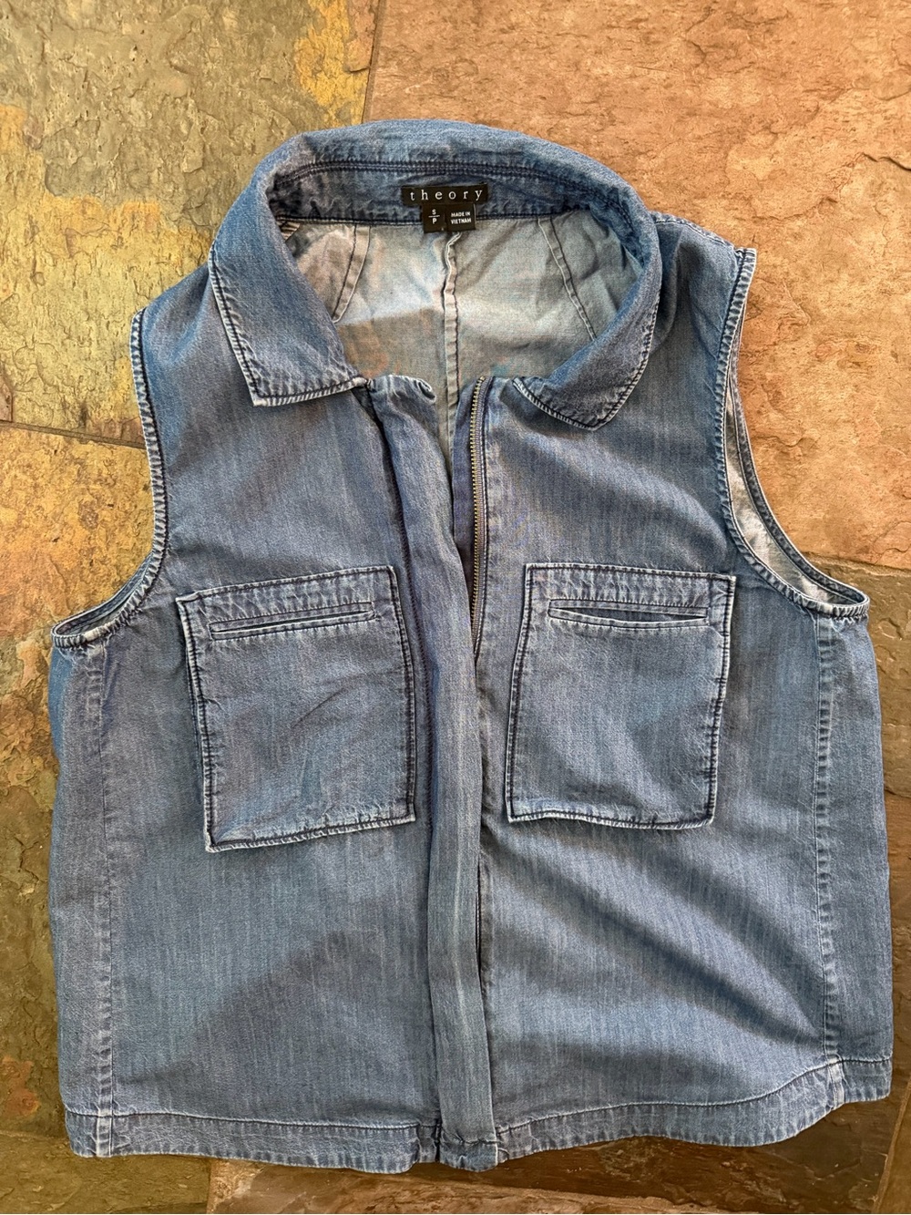 Theory Light Blue Denim Vest with Front Pockets and zipper. sz small